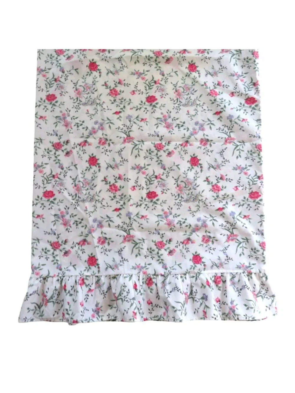 Vintage Floral Ruffle Standard Pillowcase White Pink Green Cotton Cottagecore